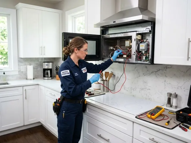 Appliance Repair Hero technician testing an over-the-range microwave in a Arden, NC kitchen